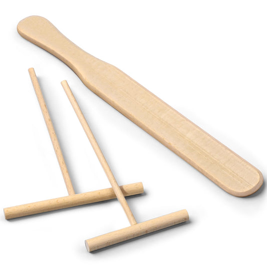Crepes Spatula Set of 3 Pancake Turner Wooden Spatula Crepes Distributor 30 cm, 12 cm, 9 cm T-shaped Tool Dough Distributor, Pancake Tools, Crepe Spatula Sticks Suitable for Crepe Pan Makers