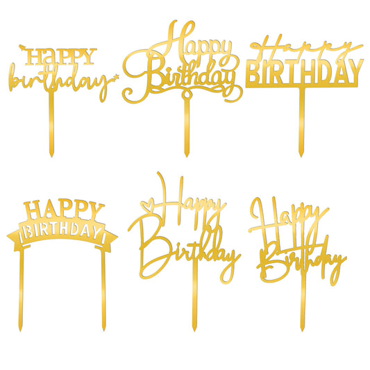 Happy Birthday Cake Toppers, 6 Pcs Gold Acrylic Cake Decorations, Glittering Mirrored Birthday Cake Topper for Cupcake Birthday Event Party Decoration Supplies (6 Different Styles)