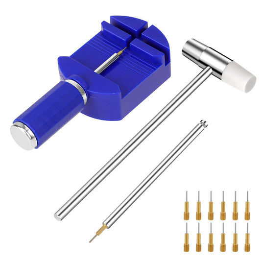 KALIONE 15 Pieces Watch Link Removal Adjustment Tool Kit, Watch Pins Band Strap Replacement Kit, 12 PCS Watch Band Pins with Spring Bar Tool, Watch Pin Pusher and Hammer for Watch Band Back Repair