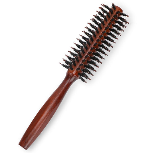 Small Round Hair Brush Boar Bristle Roller Brush Portable Anti Static Quiff Comb Wood Handle Rolling Circular Hairbrush for Women and Men Blow Drying Styling Curling Adding Hair Volume (1PCS)