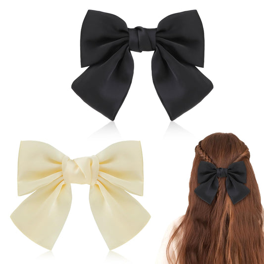 2Pcs Vintage Bow Hair Clips Large Hair Bows Hair Barrettes French Hair Clips with Ribbon For Thick And Fine Hair Accessories For Women Girls(Black+White)