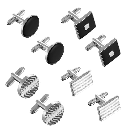 4 Pairs Mens Cufflinks Classic Colors Silver Black Cuff Links Mens Round Rectangle & Striped Cuff Links for Wedding Groom Business Party Gift