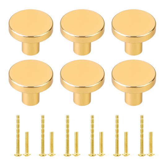 Gold Cabinet Knobs, 6 Set 1” Solid Round Aluminum Alloy Knobs Handles Metal Cabinet Pulls for Dresser Drawers Kitchen Cupboard Bathroom Closet Door Vanity Bifold Door Hardware Accessories with Screws