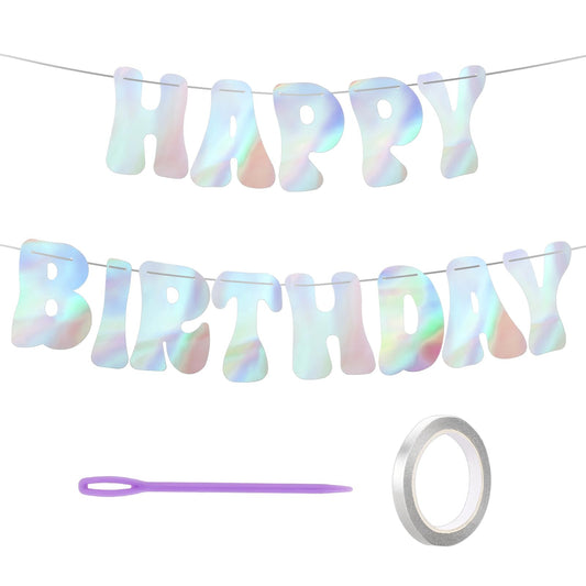 Happy Birthday Banner Iridescent Happy Birthday Decorations Disco Party Decorations with 16FT String Shiny Birthday Sign for Women Men Rainbow Birthday Decorations for Background(Pre-punched Holes)
