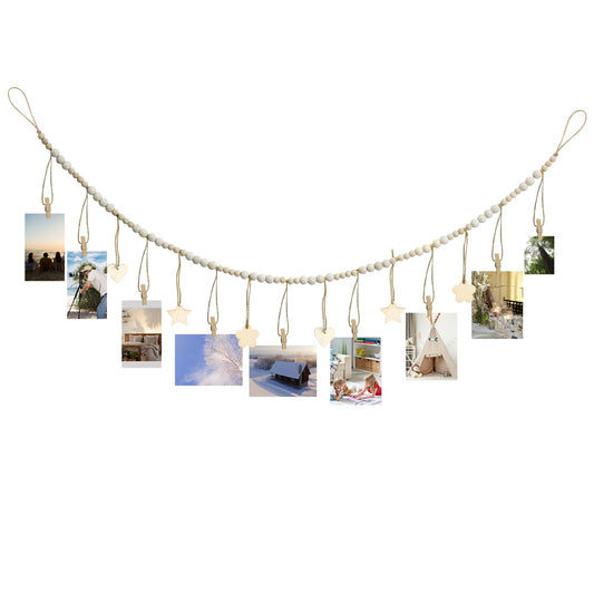 Large Wall Hanging Photo Display Decor, Boho Collage Picture Frame with Wooden Beads Garland, DIY Photo Hanger Frame Set with Wooden Clips Heart Tags for Home, Dorm, Office Decor Supplies(Style B)