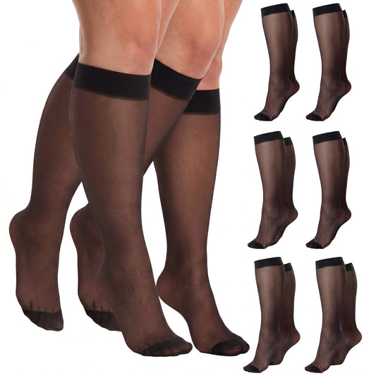 Xelsluthe 6 Pairs Knee Highs Plus Size, Knee High Stockings for Women Sheer Socks Nylon Socks with Wide Calf Black