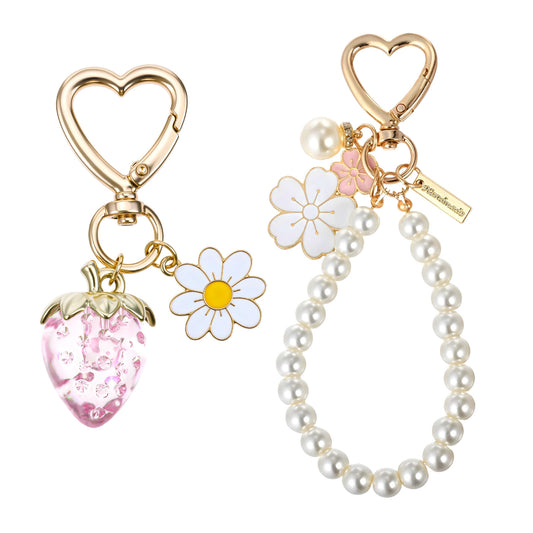 FdcLixuvol 2 Pcs Strawberry Keychains, Bag Charms Cute Flower Cherry Blossom Daisy Pearl Keychain Purse Charms Strawberry Accessories Decor for Women, Girls, Handbags, Car Key Chain (Pink)