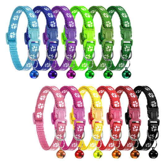12 Packs Puppy Collars, Adjustable Small Dog Collar with Bell and Buckle Soft Pet Safe Collars Replacement Walking Training Collar Set for Litter Puppy, Medium Dogs, Cats (Multicolor, Paws Pattern)