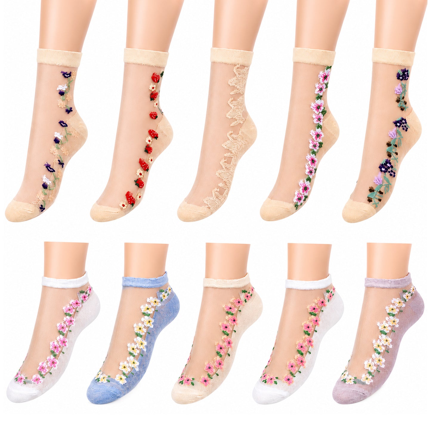 Fibraze 10pairs Sheer Socks with Designs Lace Ankle Socks Women