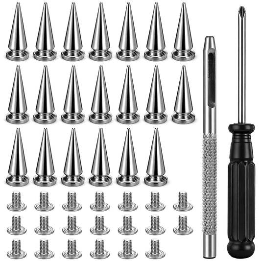 20 Sets 25 mm Punk Spikes and Studs Kit, Cone Spikes Screwback Studs Rivets Metal Tree Spike Stud for Punk Rock Style Clothing, Belts, Bags, Jackets, Dog Collars (Silver)