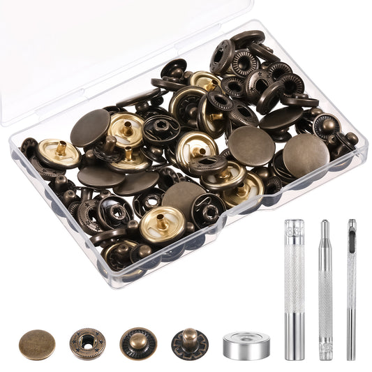 24 Sets Leather Snap Fasteners Kit, 17mm Heavy Duty Leather Snap Button, Leather Snaps and Fasteners Kit with 4 Setter Tools Metal Snap Buttons for Clothes Jackets Jeans Canvas (Antique Brass)