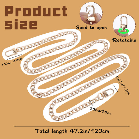 47"Gold Purse Chain Strap, Flat Chain Strap Handbag Chains with Metal Buckles for Purse Replacement Shoulder Handbag