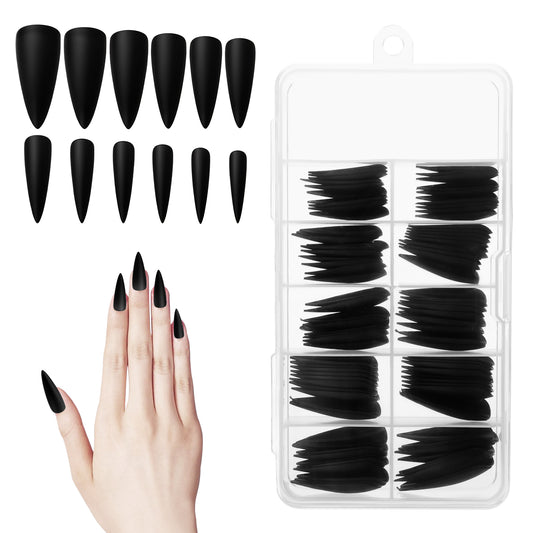 100 Pcs Black False Nails, Long Matte Black Plastic False Nails, Full Cover Glossy Fake Nail Almond Shaped Medium Length Nail Tips for Women And Girls, DIY Manicure Kit with 10 Sizes