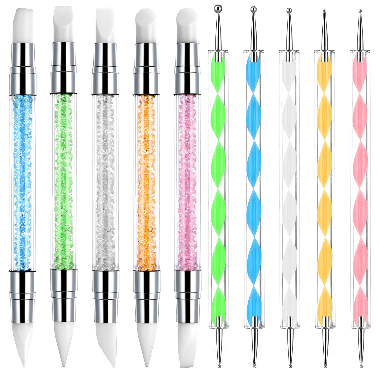 10Pcs Nail Art Sculpture Pen, Nail Art Brush Set, 5Pcs Dual-Tipped Silicone Nail-Art Pens, 5Pcs Dual-Ended Dotting Tools, Nails Sculpting Tool, DIY Brush Dotting Tools Kit for Design (Multicolor)