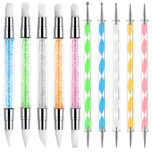 10Pcs Nail Art Sculpture Pen, Nail Art Brush Set, 5Pcs Dual-Tipped Silicone Nail-Art Pens, 5Pcs Dual-Ended Dotting Tools, Nails Sculpting Tool, DIY Brush Dotting Tools Kit for Design (Multicolor)