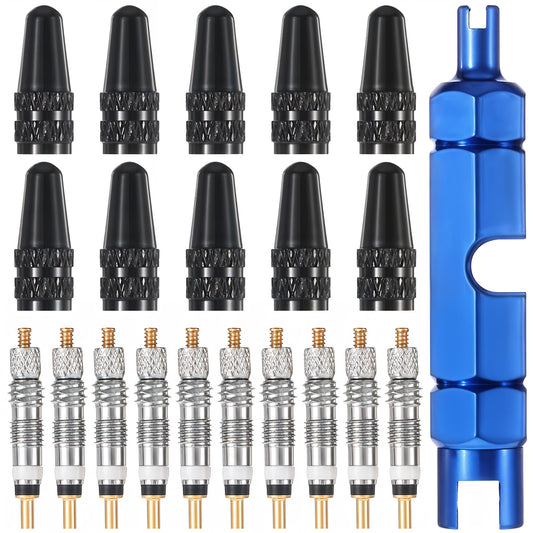 Presta Valve Core, 21 Pcs Presta Valve Core Removal Tool Kit Including 10 Pcs Bike Valve Cores 10 Pcs Tyre Valve Core Stem Caps 1 Stem Removal Tool for Tubeless Road MTB Tires