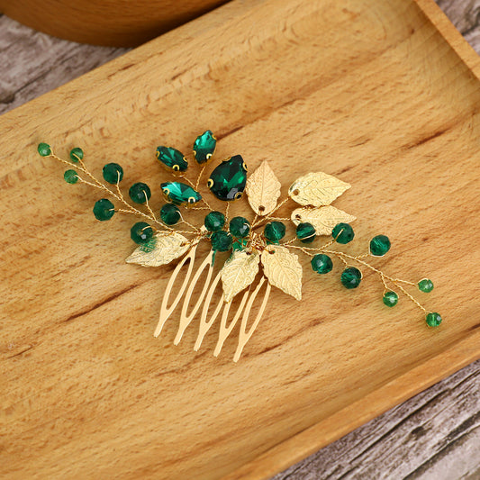 Bridal Hair Comb Emerald Green Crystal Gold Leaf Vine Hair Piece Accessories Rhinestone Hair Comb Leaves Crystal Bride Wedding Hair Accessory for Brides and Bridesmaids