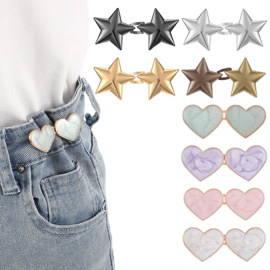 8 Pcs Heart and Star Shape Pant Waist Tighteners No Sewing Adjustable Waist Required Buttons Reusable Waists Cincher Clip Instant Removable Jean Buttons for Loose Jeans Dresses Pants Skirts Sleeves