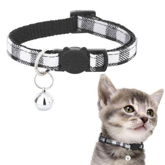 Cat Collar with Bell, 2 Pack Breakaway Grid Collar with Plastic Buckle, Adjustable 8-12 Inch Safe Kitten Collars Charms, Nylon Safety Buckle Kitten Collars (Black and White Color Matching)