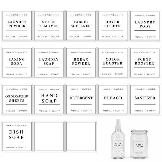 Laundry Labels 18 Pcs Waterproof Laundry Room Labels for Jars, Bathroom Label for Organizing Pray Bottles and Detergent Dispensers, Preprinted Room Organization Label Set