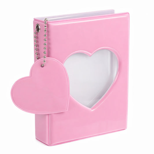 Mini Photocard Binder 3 Inch Heart Hollowed Photocard Holder Book Photo Album Hearts Hollowed Cover Photocards Binder with 32 Pockets and Heart Pendant (Pink)