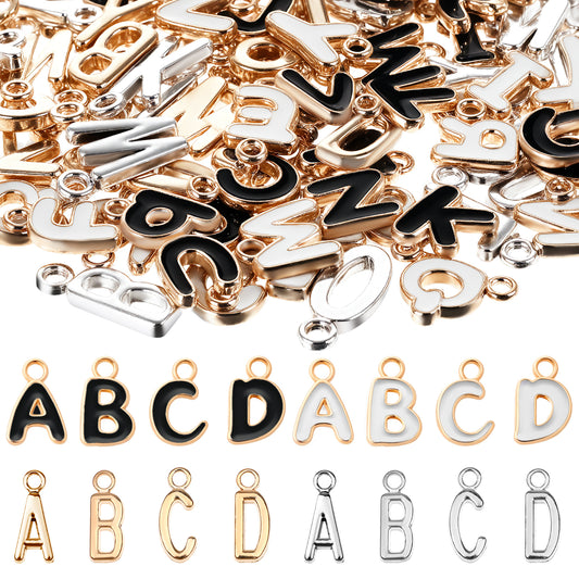 104 PCS Alphabet Abc Letter Charms, Initial A-Z Alphabet Charms Letter Charms for Jewelry Making, Metal Letter Charms Capital A-Z Charms with Open Jump Rings for DIY Necklace Bracelet, 4 Styles