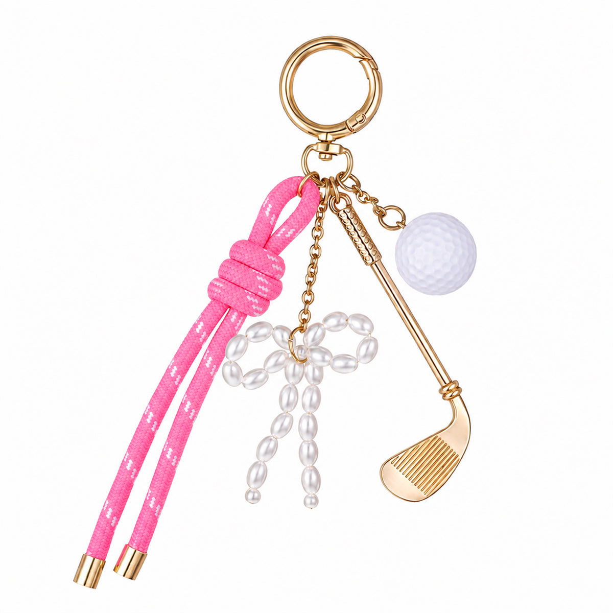 Golf Club Keychain with Pearl Bow, Golf Bag Charms Nylon Rope Keychain