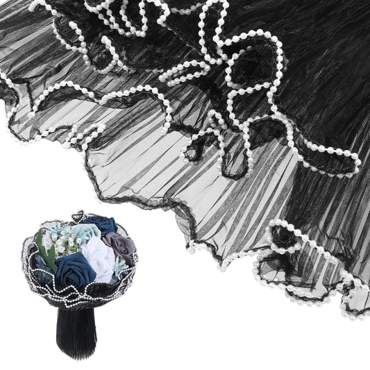4.37 Yards Black Flower Wrapping Mesh Paper Floral Paper Pearl Edge Bouquet Packaging Paper Wrinkled Wavy Net Yarn Translucent for Wedding Decor Florist Supplies Valentines Christma, 4M