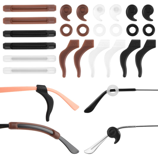 34Pcs Glasses Ear Grip, Eyeglasses Retainers Anti Slip Eyeglass Holder Silicone Glasses Temple Holders Eyeglasses Ear Grip for Sunglasses Eyeglasses Black White Brown