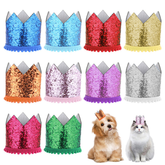 Cat Birthday Crown Hat, 10 Pieces Dog Party Hats Multi-color Cat Hats Mini Glitter Party Hats Cute Puppy Hat Adjustable Headbands Birthday Hats for Cats Dogs Stuffed Animals Party Accessories