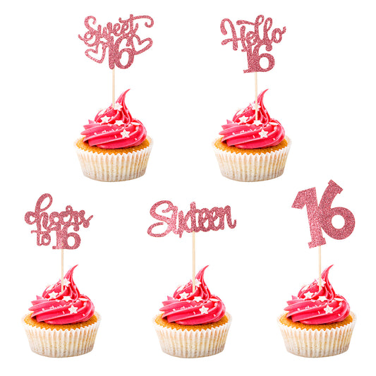 16 Cake Topper 16th Glitter Cake Topper Sweet Teenager Birthday Cake Pick, 16 Years Old Rose Gold Topper for Cake, Happy Sweet 16 Party Decoration Supplies(30 Pcs)