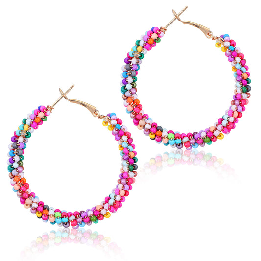 Boho Flower Hoop Earrings, Colorful Beaded Earrings for Women, Boho Seed Summer Beach Statement Ear Jewelry, Cute Daisy Flower Beaded Earrings, Plated Gold