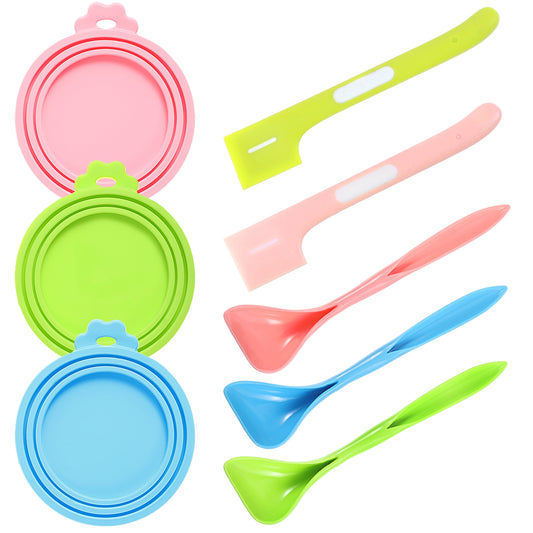 8PCS Pet Food Can Covers, Cat/Dog Food Can Covers Lids Universal Can Lids with Spoon and Spatulas, Silicone Lids for Food Storage Fit Most Standard Size Canned Cat and Dog Food