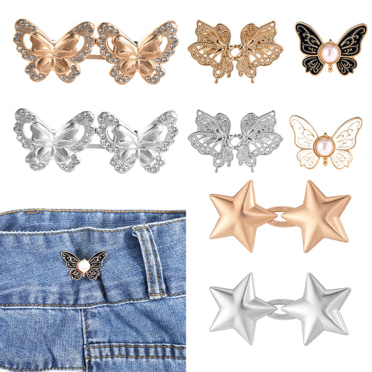 Pant Waist Tightener-Butterfly, Pentacle, 8 Sets Jean Buttons for Loose Jeans, Adjustable Pants Clips to Tighten Waists Jean Waist Tightener Buckle Sets Instant Button Pins Detachable for Pants
