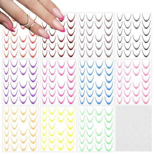 12 Sheets Gradient French Line Nail Stickers, Colorful Stripes Line Nail Art Stickers Self-Adhesive Nail Tips Guides Manicure Accessories for DIY Nail Art Decorations Stencil Tools