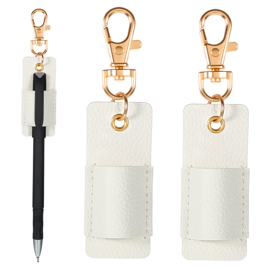 2 Pcs Lanyard Pen Holder, PU Leather Anti-Lost Keychain Clip, Portable Neck Waistband Pencil Holder Teacher Lanyard Clip for Pen, Pencil, Nurses, Students Office, Badges, Clipboard (White)