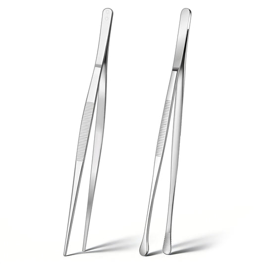 12-inch Cooking Tongs & Tweezers Cooking Tweezers Stainless Steel Non-Slip Serrated Tips Grip Food Tweezer Multi-Function Kitchen Serving Tong for Grilling Baking Garnishing BBQ (2 Style)