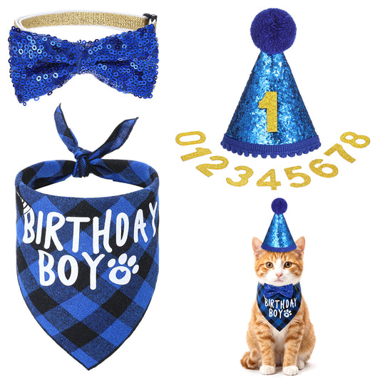 Cat Birthday Decorations, Cat Birthday Bandana Cats Birthdays Hat with Number Bow Tie Cats Birthdays Outfit for Cat-Pet Kittens Apparel Christmas Party Outfits Supplies(Blue)