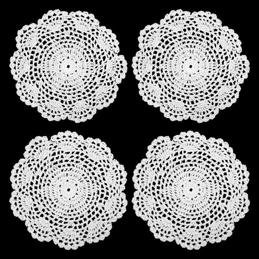 4pcs White Lace Doilies 8 Inches Round Vintage Crochet Placemats Cotton Handmade Crafts Tables Food Bulk Doily Cloth Corrugated Edge Knitted Coasters or Wedding Birthday Party Decor