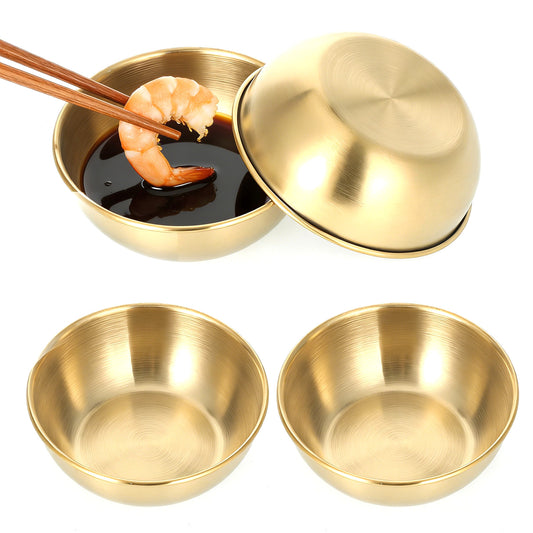 Zelphvt 4 Pack 3.2 Inch Small Gold Bowls, Stainless Steel Sauce Dishes Mini Individual Sauce Cups Seasoning Soy Sushi Dipping Bowl Charcuterie Board Appetizer Plates, Golden