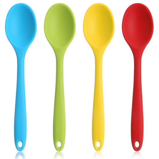 4 Piece Silicone Spoons, Silicone Mixing Spoons, Colorful Silicone Kitchen Spoons with Non-Stick Coating, Heat Resistant Basting Spoon for Kitchen Cooking Stirring(Red, Green, Yellow, Blue)