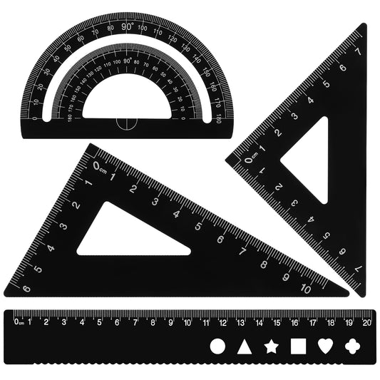 4 Pieces Aluminum Alloy Ruler Set, Geometry Sets with 2 Triangle Rulers 1 Protractor and 1 straight Ruler for Teacher Student Drawing and Measurement, Black