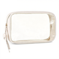 Clear Makeup Bag, PU Leather Small Makeup Pouch Portable Travel Toiletry Bag Transparent Waterproof Cosmetic Organizer with Zipper for Women Home Travel Office Cosmetic Storage (Beige)