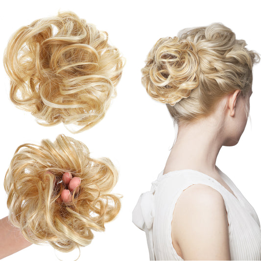 Messy Hair Bun Scrunchie with Elastic Band Dirty Blonde Tousled Updo Elastic HairBun Hairpiece for Bun Making Curly Wavy Scrunchies HairBun Hair Piece for Women Girls Ponytail
