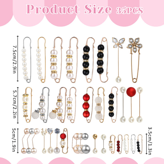 35 Pcs Pearl Brooch Safety Pins Faux Artificial Pearls Brooch Pant Waist Tightener Clothing Sweater Shawl Clips Sock Charms Pins Shoe Decoration Accessories for Women Dress Skirt