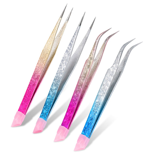 4 Pcs Double Ended Nail Tweezers Stainless Steel Straight and Curved Tip Needle Nose Tweezers Set with Silicone Pressing Head for Eyelash, Nail Art, Gem Picker Tool (Crystal Blue, Crystal Pink)