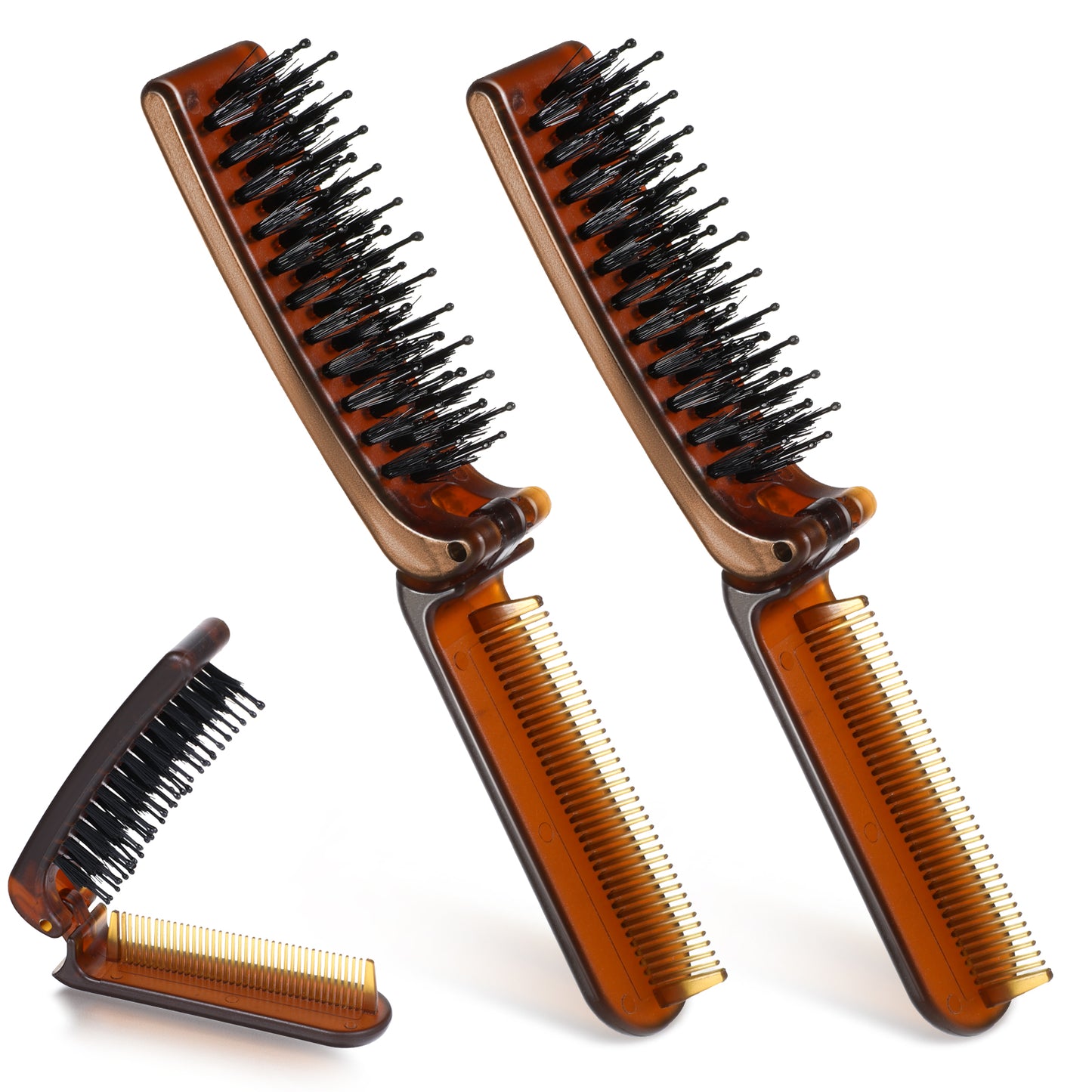 Travel Size Hair Brush, 2 Pcs Collapsible Portable Pocket Nylon Bristle Hairbrush with Fine Tooth Comb Mini Folding Hair Brush for Men and Women Bangs Dry Wet Thick Thin Curly Straight Hair - Amber