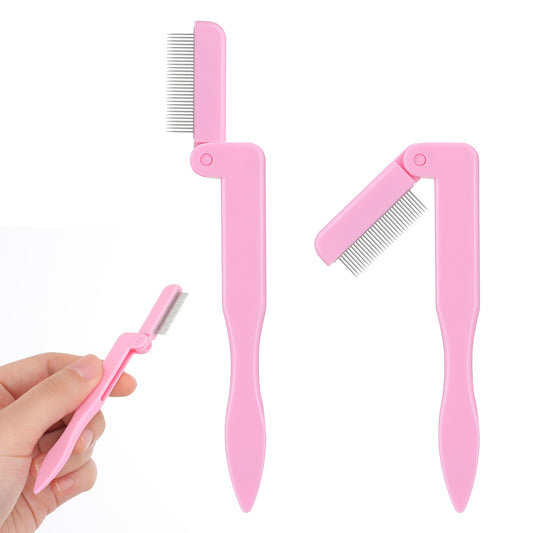 2 Pcs Folding Eyebrow Comb Stainless Steel Teeth Eyebrow Comb Portable Lash Separator Tool Eyebrow Grooming Brush Professional Making up Supplies for Girls Women (Pink)