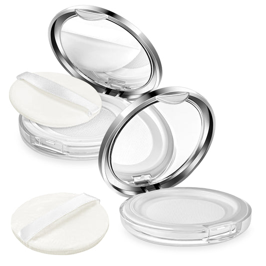 Loose Powder Containers, 2 Pcs Travel Powder Compact with Mirror and Puff 3 g/ 0.11 Oz Portable Plastic Reusable Empty Refillable Makeup Powder Puff Case with Elasticated Net Sifter (Silver)