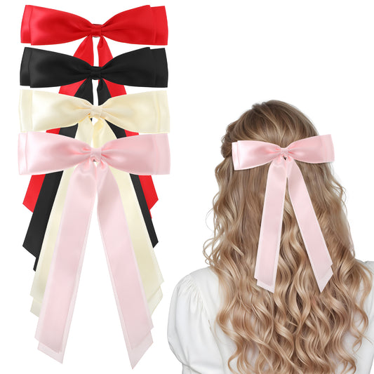 4pcs Silky Satin Hair Bows Hair Clip, Bow Hair Clips, Hair Ribbon Ponytail Holder Accessories Slides Metal Clips Hair Bow, Barrettes Solid Color With Long Silky for Women Girls